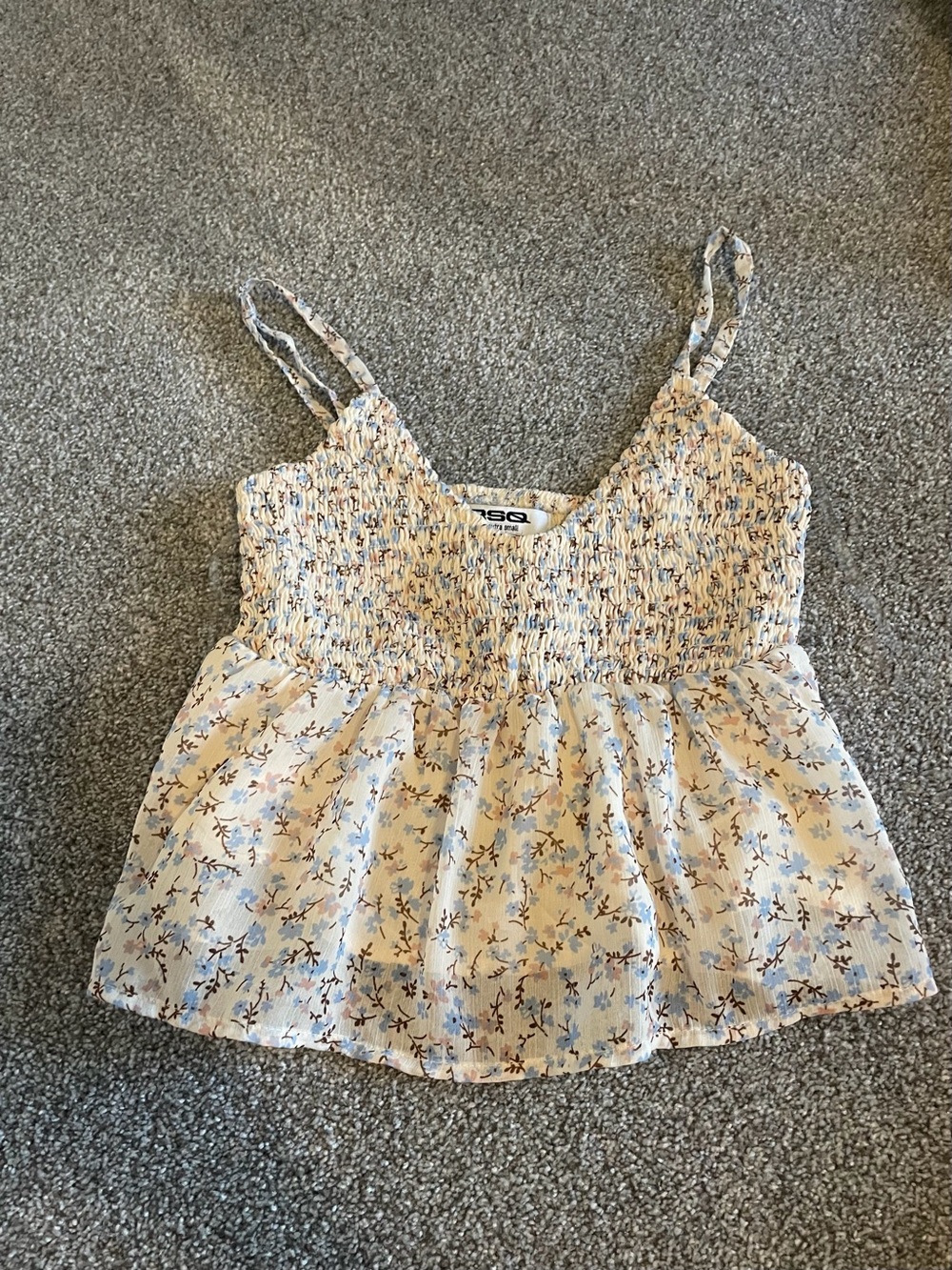 RSQ Cream Floral Smocked Cami with Blue & Brown Accents